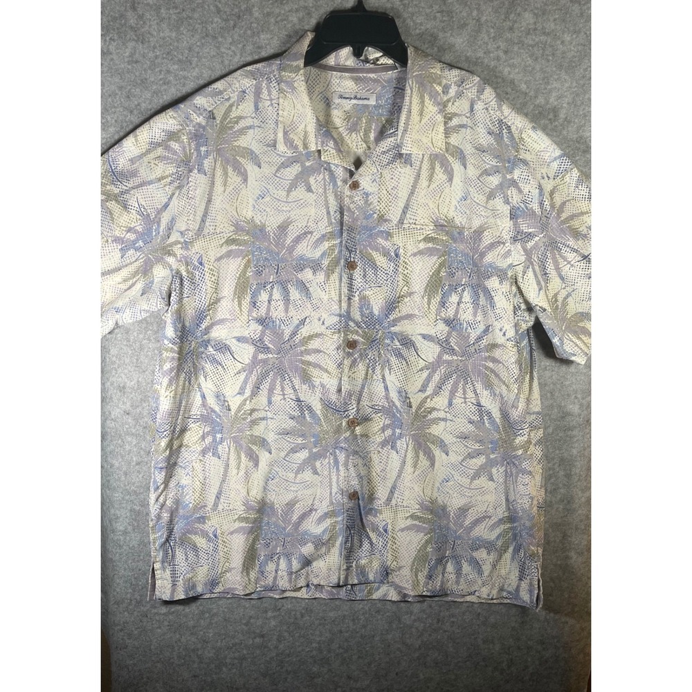 Tommy Bahama Mens Palm Tree Print Short Sleeve Button‎ Down Camp Shirt XL Cream